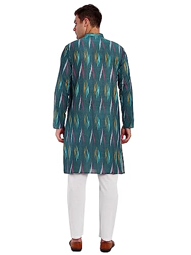 Image of SKAVIJ Men's Pure Cotton Printed Kurta Pajama Set Ikat Design Casual Ethnic Dress