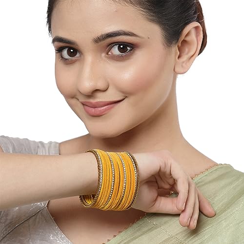 Image of ZENEME Gold-Plated Matte Finish Velvet White American Diamonds Studded Bangles Set Of 18 For Girls and Women