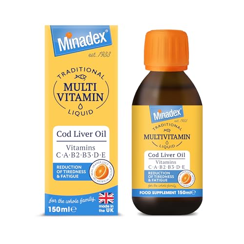 Minadex Multivitamin Liquid with Cod Liver Oil for Adults & Kids, Delicious Orange Flavour, Vitamins C, A, B2, B3, D, E & Omega-3, Boost Energy & Reduces Tiredness, Supports Immunity, 150 ml