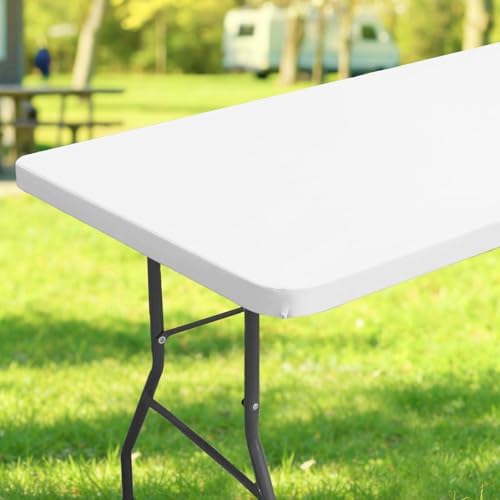 Rectangle Table Cloth, Waterproof Polyester Elastic Fitted Tablecloth, Washable Stretch Table Cover for Picnic, Camping, Party, Wedding, Outdoor, Indoor (30x48 Inch, White)
