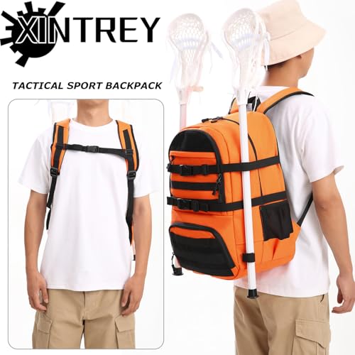 XINTREY Lacrosse Bag Large tactical Field Hockey Backpack with Stick & Helmet Holders Lacrosse Accessories and Gears Bag (Orange)