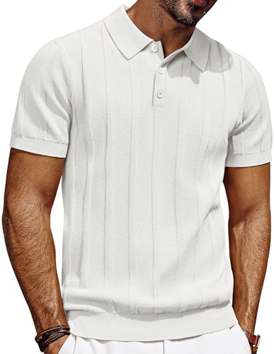 PJ PAUL JONES Polo Shirts for Men Adult Short Sleeve Knitted Polo Shirts Casual Work Golf Shirt Gray White L