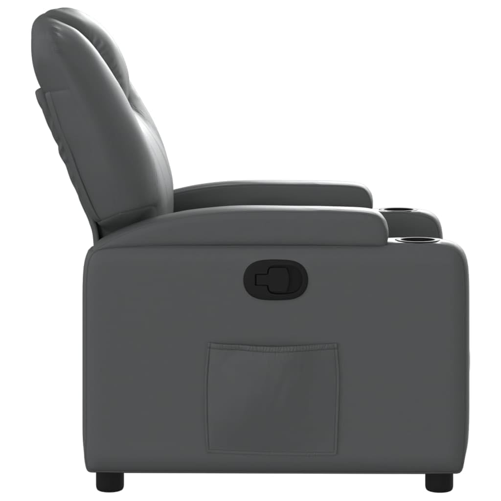 Fotel relaksacyjny, szary, sztuczna skóra z regulowanym oparciem i podnóżkiem, ergonomiczny fotel wypoczynkowy z drewnianą metalową ramą, tapicerowany, do salonu, biura, relaksu i czytania