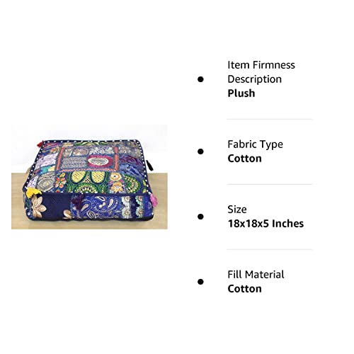 Craft Kala Large Square Mandala Patch Work Cotton Floor Pillow & Cushion Cover Meditation Boho Bohemian Cushion Pouf Cover Seating For Yoga Living Room Balcony Office Outdoor 18X18X5 Inches, Blue #TOP2
