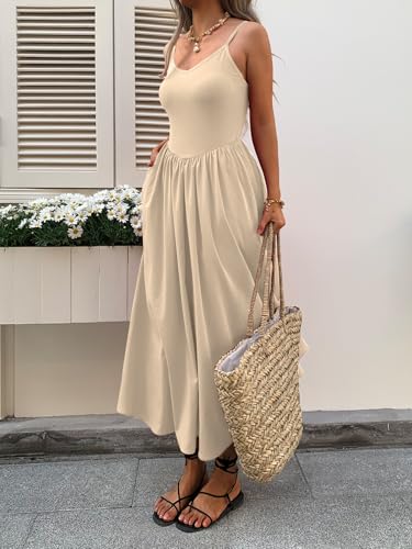 Image of Mieazom Women's Sleeveless V-Neck Maxi Dress with Pockets - Slim Fit Casual Summer Spaghetti Strap Dress for Vacation