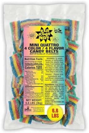 Sour Power SNAX Quattro Rainbow Candy Mini-Belts, 6.6 lb Bulk Bag, Vegan Four Flavor Sour Candy Since 1985, Soft Chewy Sweet Tart, Non-GMO Gelatin Free