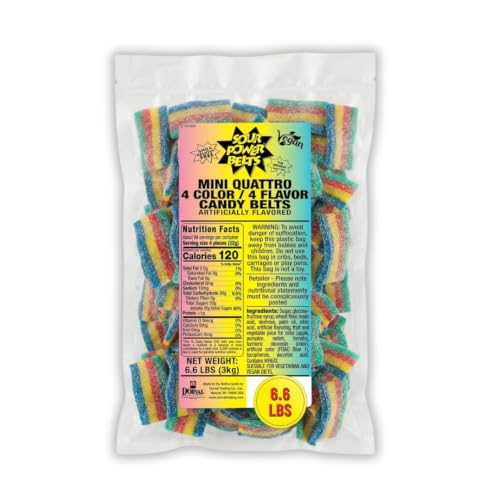 Sour Power SNAX Quattro Rainbow Candy Mini-Belts, 6.6 lb Bulk Bag, Vegan Four Flavor Sour Candy Since 1985, Soft Chewy Sweet Tart, Non-GMO Gelatin Free