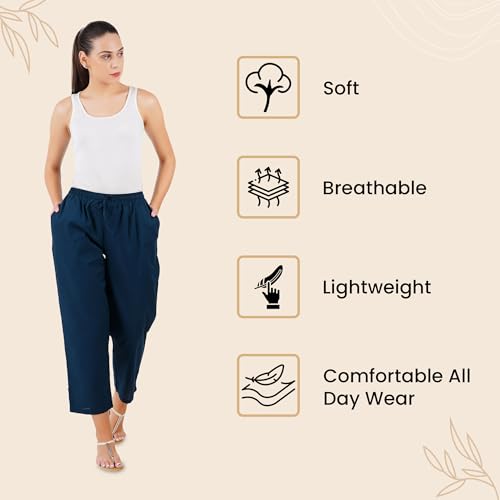 Image of Happy Bunny Parallel Pants for Women 100% Cotton Ankle Length Trousers Regular Fit with Elastic Drawstring Stylish & Pockets Casual Formal Wear for Office & Home