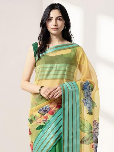 Image of AKHILAM Women's Green Organza Floral Printed Saree With Unstitched Blouse Piece(SAGE1004 AI)
