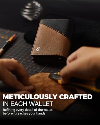 Jenoss Smart Wallet For Men: Full Grain Leather, Handcrafted, Slide Metal Pop Up Case, Slim RFID Blocking Credit Card Holder, Compact 12 Cards Slot Organizers, ID, Money Clip(Brown & Black)3
