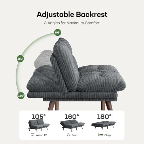 Marsail 66" Futon Sofa Bed, Convertible Corduroy Futon Couch with Adjustable Backrest & Armrests, Small Sleeper Sofa Loveseat for Living Room, Apartment, Office, Light Gray - Image 3