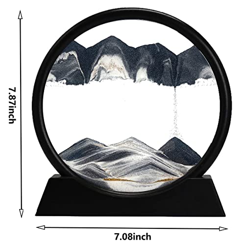 rysnwsu 3D Dynamic Sand Art Liquid Motion, Moving Sand Art Picture Round Glass 3D Deep Sea Sandscape in Motion Display Flowing Sand Frame Relaxing Desktop Home Office Work Decor (Black, 7\'\') - Thumbnail 2