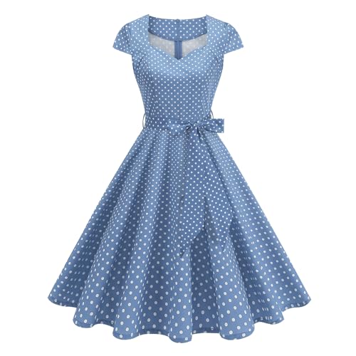 IKADEX Women's Retro Formal Cocktail Party Dresses 1950s Cap Sleeve Polka Dot Swing Dress with Belt for Wedding Church Blue S by IKADEX - Used condition - US$32.67