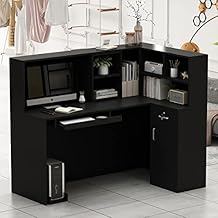 AGOTENI Reception Desk Reception Stations with Open Shelf & Drawers, L Shape Reception Table Wooden Computer Desk for Office Reception Room, Black