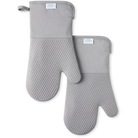 TOWN & COUNTRY BASICS Basketweave Soft Silicone Oven Mitt 2-Pack Set, Heat Resistant up to 500F, Flexible Silicone, Non-Slip Grip, Grey, 7.5"x13" Cover