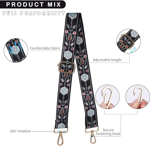 Image of Lyrovo Adjustable Purse Strap Replacement for Women, 1.5 inch Wide Crossbody Shoulder Strap Boho Handbag Strap(Flower Black)