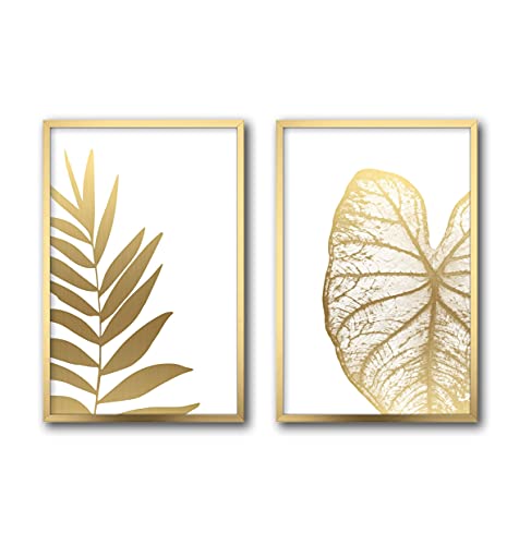 MINIMA LISTA Set de 2 Cuadros Decorativos Plantas Doradas con Marco y Vidrio para Recámara (Dorado, 30x22 cm)