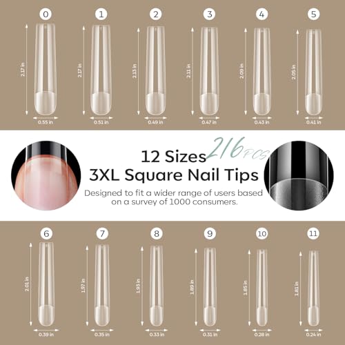 Image of Modelones Long Square Nail Tips 3xxxl Straight Pre-shaped Soft Gel Fake Kit | Acrylic Clear Full Cover Press on Extension Kit Gel Manicure DIY at Home 216PCS 12Sizes