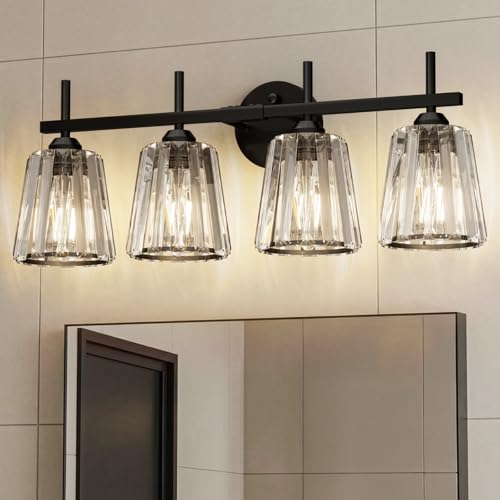 Image of Crystal Bathroom Light Fixtures Over Mirror, Black 4-Light Bathroom Vanity Lights Over Mirror Modern Wall Lighting Sconces with Ceramic E26 Base (Bulbs Not Include)
