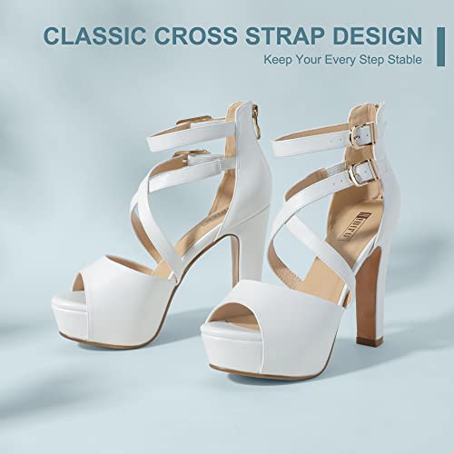 IDIFU Women's IN5 Charcy Crisscross Strappy Platform High Chunky Heels Peep Toe Pump Party Heeled Sandals(7.5 M US, White Pu) - Thumbnail 5
