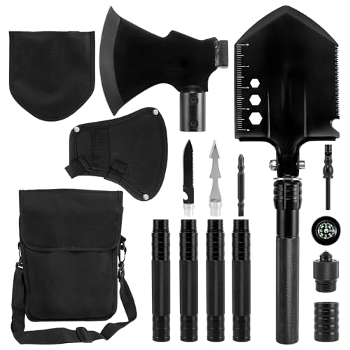 Pala de supervivencia, hacha plegable para camping, mango alargado de 19.2 a 37.8 pulgadas, cabeza de pala ampliada, acero de alto carbono con bolsa de almacenamiento para camping, ciclismo,