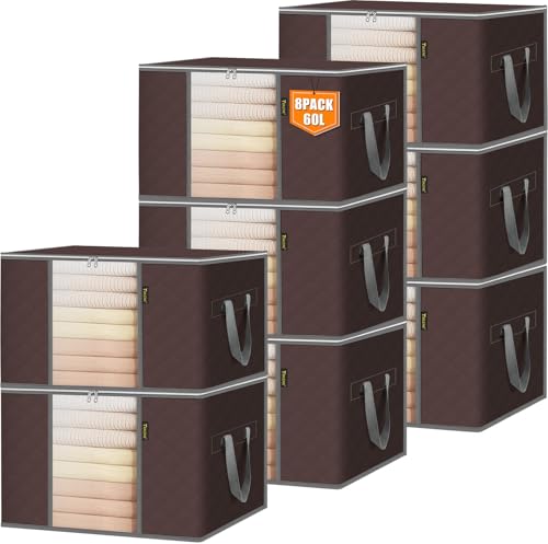 BALEINE 8 Pack Clothes Storage Bags, 16 Gallon Storage Containers with Reinforced Handle, Sturdy Zipper, Closet Organizer for Blanket, Comforter, Pillow, Bedding (Brown, 8 Pack)