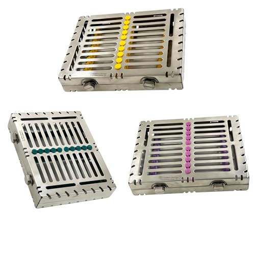 Dental Instruments Sterilization Cassettes, 10-Slots Per Cassette, Detachable Lid, 2-Button Lock, 7in x 5.5in x 1.25in - German Stainless Steel (3pcs)