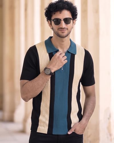 Image of AUSK Men's Zip Collar Polo Tshirt | Cotton Rich Material | Half Sleeves | Modern Knit Panel Work | Regular Fit