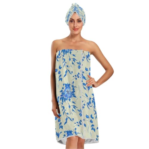 Bulletgxll Blue Floral Women's Shower Wrap Towel Set of 3 Adjustable Spa Body Wrap Super Absorbent Bathrobe with Hair Towel & Headband
