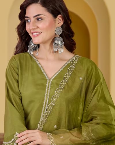 Image of Amazon Brand - Tavasya Women Vichitra Zari Sequence Embroide Kurta with Pant and Dupatta|Kurta Set|Ethnic Wear|Salwar Suit|3 Piece Set