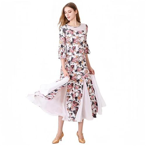 FCDDQM Women's Ballroom Dance Competition Dress Modern Waltz Tango Standard Dress Half Sleeve Performance Costumes White