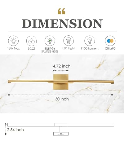 Image of 30 Inch Bathroom Light Fixtures, 16W 3CCT Dimmable CRI90 Brushed Gold LED Vanity Lighting Fixtures Over Mirror, 360 Rotatable Modern Bathroom Vanity Light Bar, AD-W9465-L75-GD