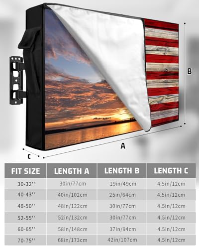 Rustic American Flag Outdoor TV Cover Waterproof & Weatherproof TV Covers with Roll Up Front Flat for 40-43 Inch, Red Blue Outside Zipper TV Screen Protector Enclosure with Remote Control Pocket - Thumbnail 2