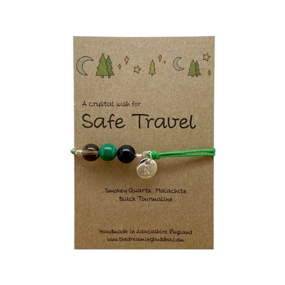 Safe Travel Crystal Bracelet, Backpacking Goodbye Gift, Gap Year Personalised Present, Handmade Gemstone Anklet, Travelling Miss You Card