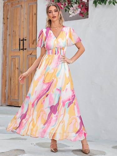 Image of Simplee Women's Boho Floral Maxi Dress Flowy Casual V Neck Short Sleeve Wedding Guest Holiday Beach Long Dress