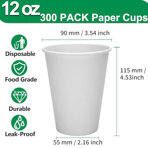 PULOSPACK 300Count 12 oz Disposable Paper Coffee Cups - Leak-Proof, Food-Grade, BPA-Free White Hot/Cold Beverage Paper Cups, Ideal for Office, Cafe, Party, Home, Travel and Event (300)