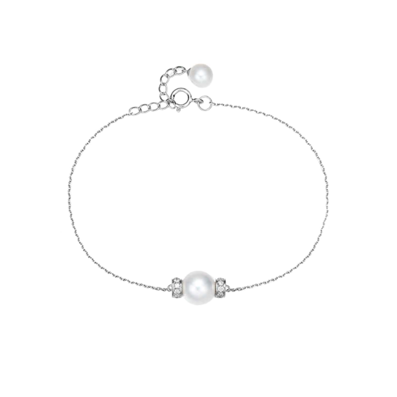 Armkette Damen Boho, Freundschaft Armband mit Perle 5,5–6 mm/7,5–8 mm und Diamant 0,17 ct Weißgold