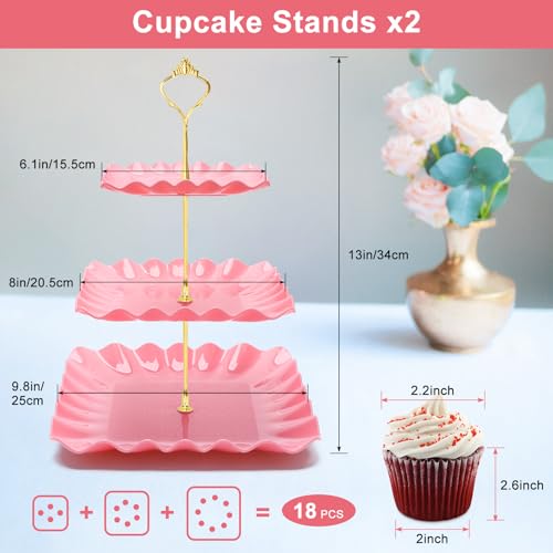 Coitak 8 Pieces Cupcake Stand Set, 2 PCS 3 Tier Cupcake Stands with 3 PCS Appetizer Trays, 3 PCS Serving Tongs, Dessert Tower Tray for Tea Party (Pink) by Coitak - Image 2