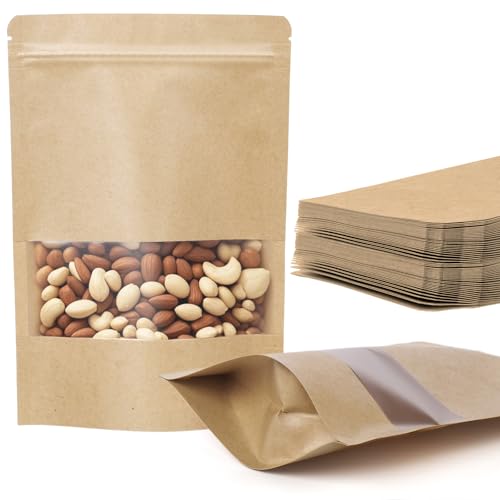 100 Pcs Kraft Paper Bags with Window 3.5 x 5.5 Stand Up Pouches Bags Food Storage Bags for Packaging Products Reusable Sealable