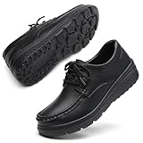 OVPMKC Women's Lightweight Nursing Shoes Slip Resistant Lace Up Work Restaurant Shoes Comfortable Leather Loafers Black 36