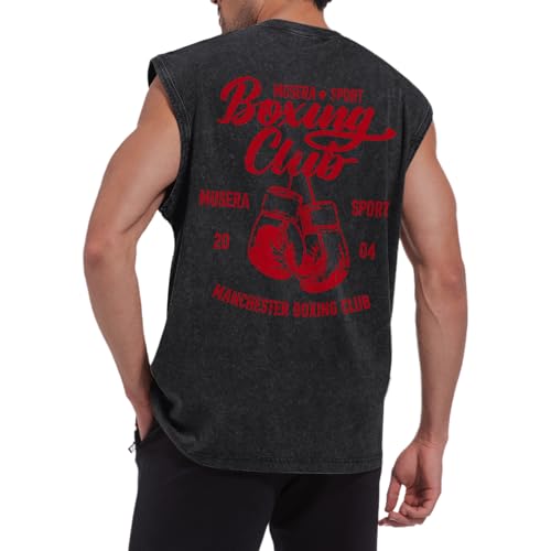 Reuseket Tank Tops Men Boxing Club Graphic Tank Tops Vintage Sleeveless Cut Off Muscle Shirts Gym Workout Tanks Acid Wash Tee(Black,XL)