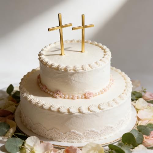 2 Stück Cake Topper Kommunion Tortendeko Kreuz Gold Cake Topper Taufe Tortendeko Tortenaufleger Kommunion Deko Torte Acryl Goldenes Kreuz Kuchen Deko für Taufe Kommunionfeier Konfirmation Hochzeit