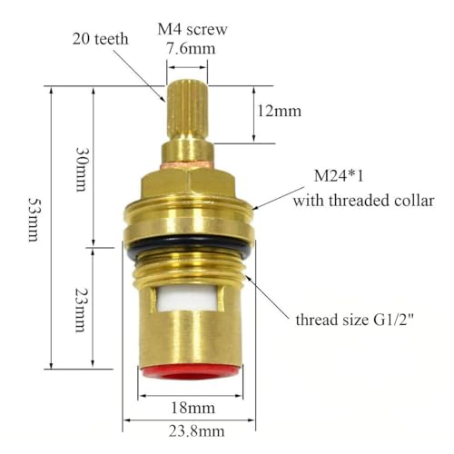 Huashan Replacement Brass Ceramic Disc Stem Cartridge Faucet Valve Quarter Turn 1/2" X 53mm x 12mm spline length 20 teeth(PAIR Hot & Cold) by HUASHAN - Image 3