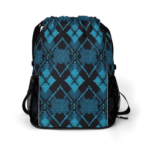 Drawstring Gym Backpack with Shoe Compartment And Wet Pocket, 28L Lightweight Waterproof Blue Diamond Pattern Sports Backpack for Workout Swim Beach Travel String Bag for Men Women