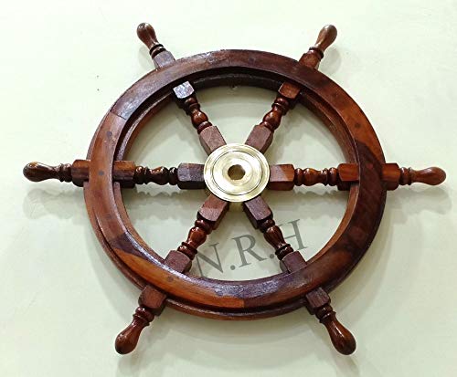 Nautical Vintage Home Decorative Wooden Ship Wheel, Brass & Brown, 45.7L x 30.5W cm - Image 4