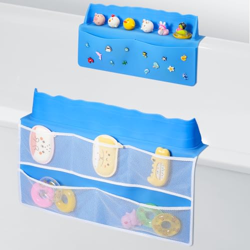 ikkle Splash Guard for Bathtub, Silicone Kids Bath tub Shelf and Organizer for Baby Bath Toys, 8 Suction Cups Attach to Bath tub, Bathtub Water Guards Shelf with 7 Pockets for Toddlers Kids Baby-Blue - Image 3