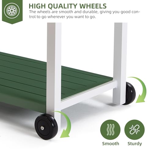 RICNOD Outdoor Dining Cart Table, Aluminum Grill Cart, Movable Pizza Oven Table Rustproof Weatherproof, Kitchen Cart for Backyard, Garden, Lawn, White Green