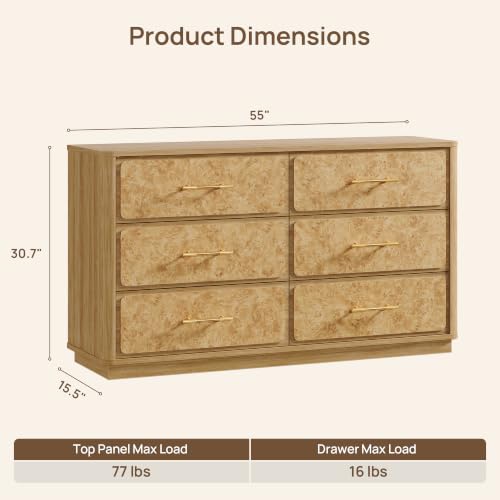 Image of SICOTAS 110 inch Extra Wide Dresser for Bedroom- Burl 6 Drawer Chest of Drawers
