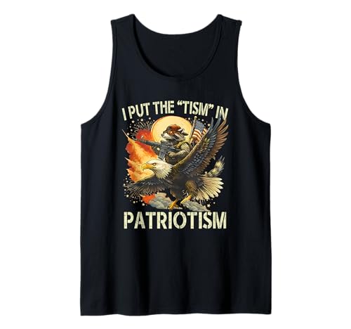 I Put The “Tism” in Patriotism Retro Eagle Raccoon USA Flag Tank Top