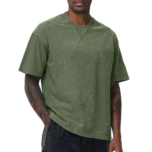 Distressed Oversized Tshirts for Men Vintage Washed Unisex Tees Cotton Casual Hipster Short Sleeve Tops(ArmyGreen M)